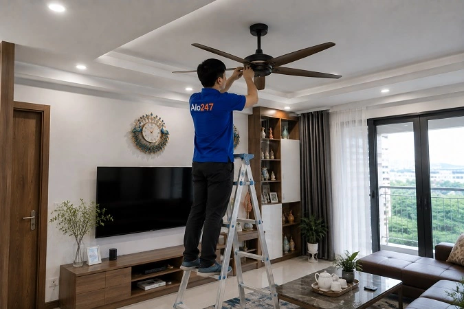 Thợ Alo247 đang bảo dưỡng và sửa chữa quạt trần tại nhà