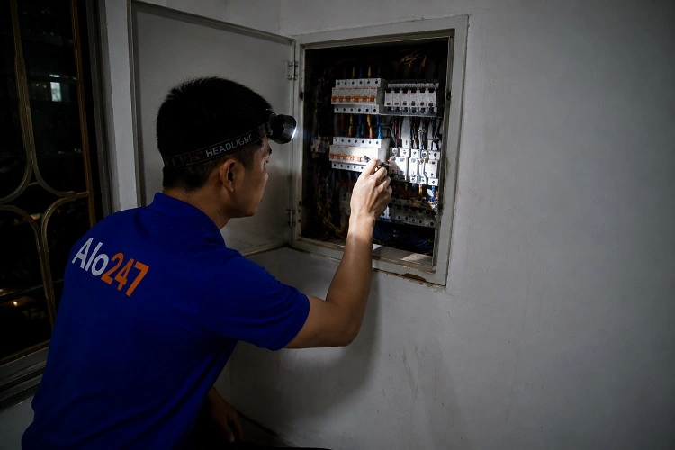 Thợ Alo247 đang kiểm tra aptomat bị chập chờn