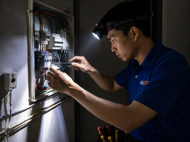 Thợ Alo247 đang sửa aptomat bị nhảy liên tục
