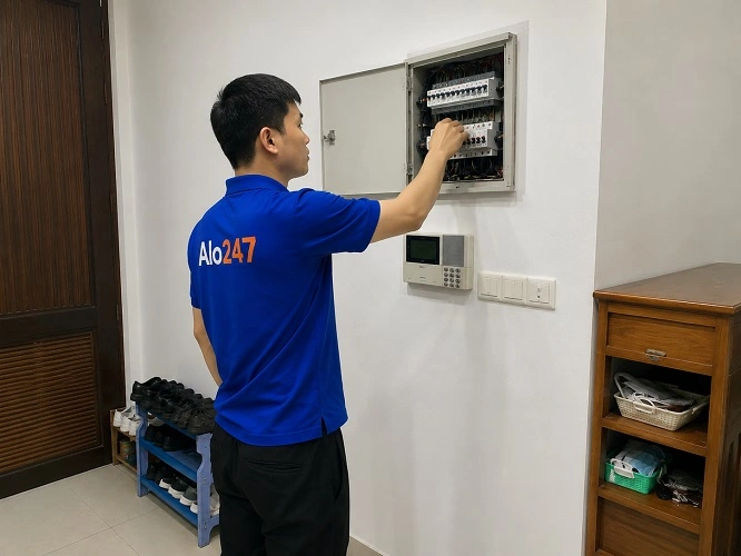 Thợ Alo247 đang sửa aptomat bị nhảy liên tục