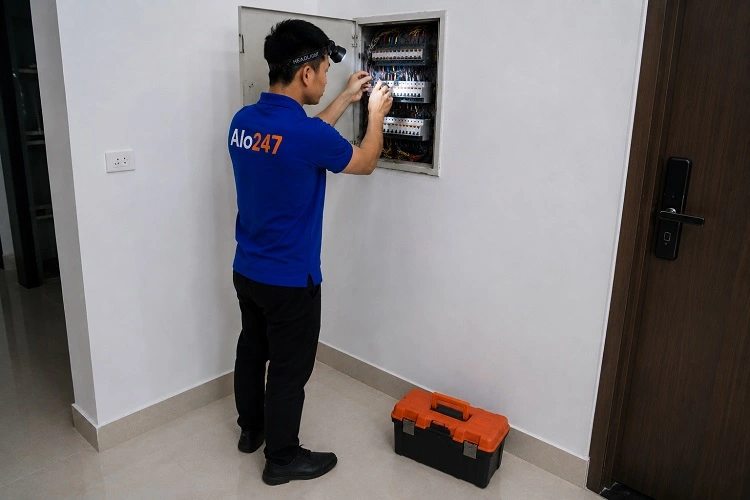 Thợ Alo247 đang sửa aptomat không hoạt động
