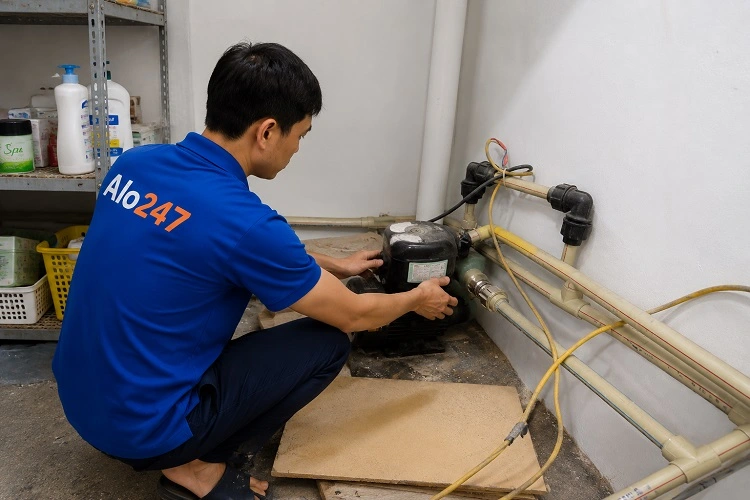 Thợ Alo247 đang sửa chữa máy bơm bị kêu to