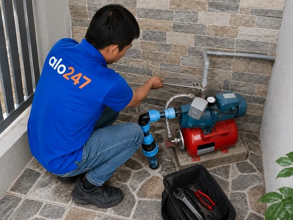 Thợ Alo247 đang sửa chữa thiết bị điện nước tại nhà