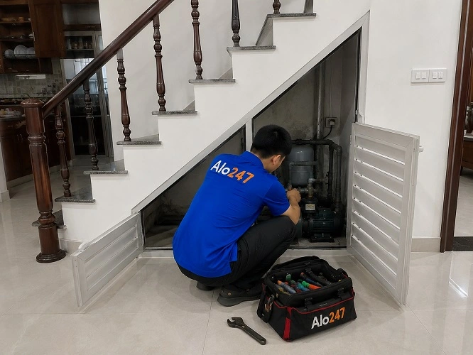Thợ Alo247 đang sửa máy bơm bị kêu to