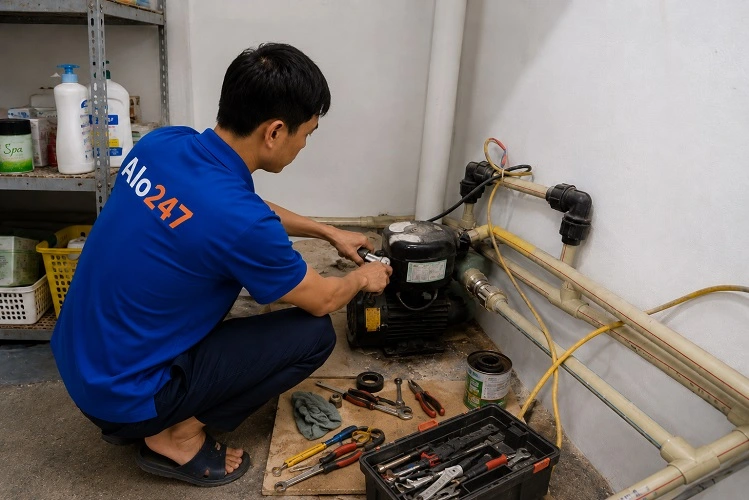 Thợ Alo247 đang sửa máy bơm chạy yếu