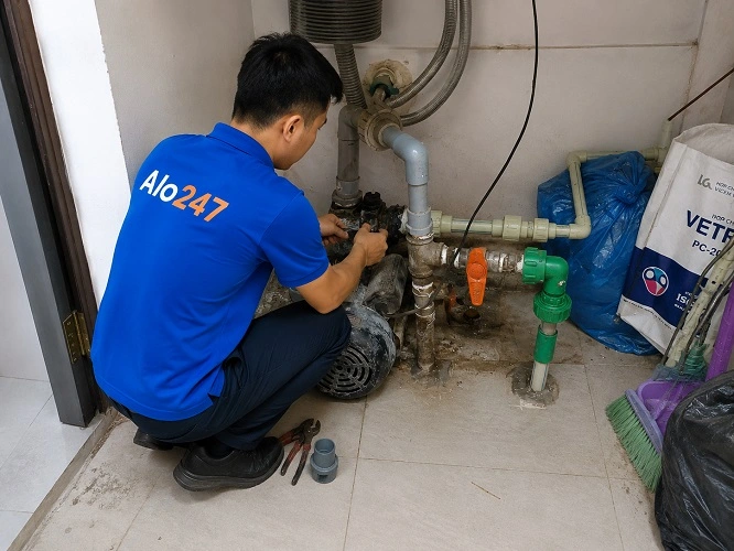 Thợ Alo247 đang sửa máy bơm tự ngắt tại nhà