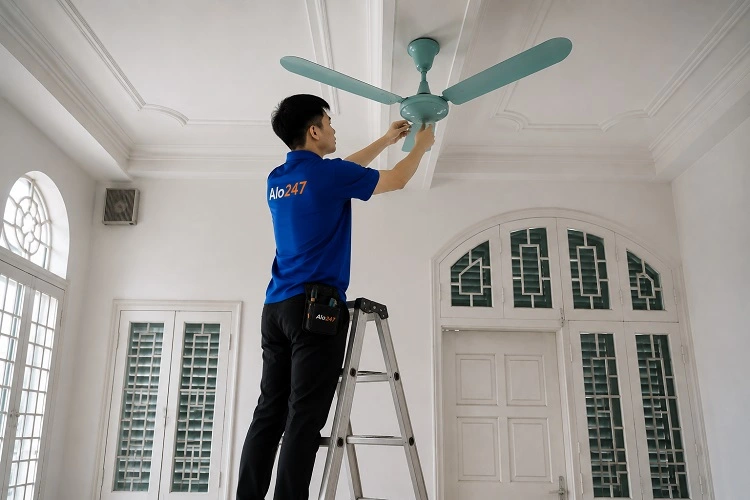 Thợ Alo247 đang sửa quạt trần bị hỏng động cơ