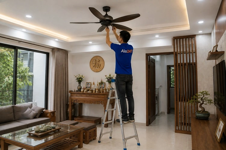 Thợ Alo247 đang sửa quạt trần bị hỏng động cơ