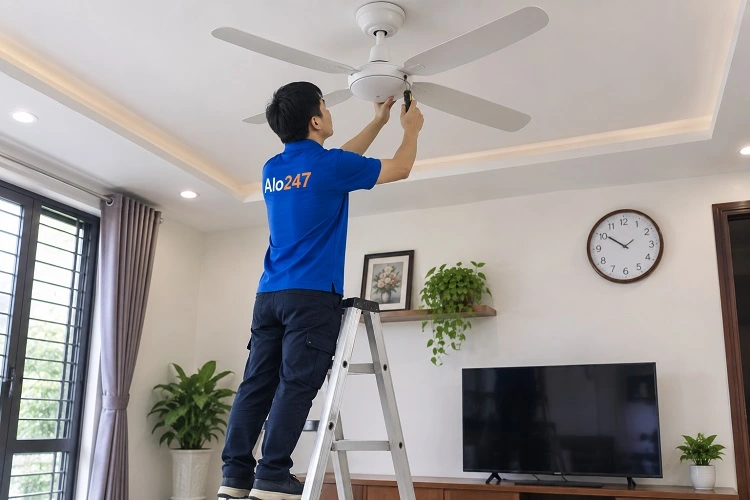 Thợ Alo247 đang sửa quạt trần bị rung lắc
