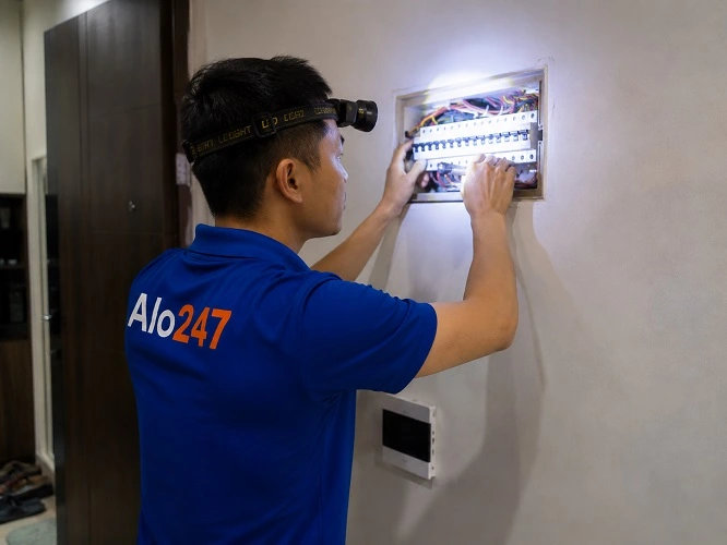 Thợ Alo247 đang xử lý aptomat bị ngắt liên tục