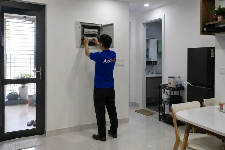 Thợ Alo247 đang xử lý aptomat tự động ngắt