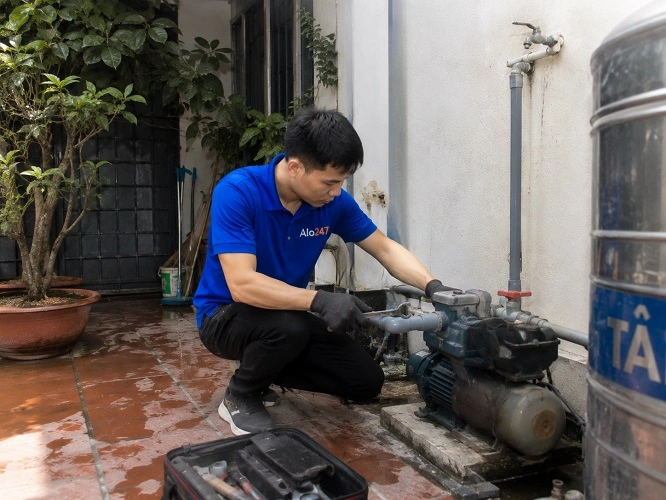 Thợ Alo247 đang xử lý máy bơm bị rò rỉ