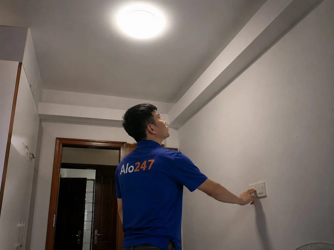 Thợ Alo247 kiểm tra bóng đèn vừa được thay thế