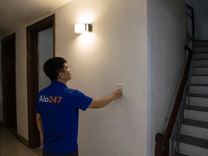 Thợ Alo247 kiểm tra đèn sau khi thay bóng mới