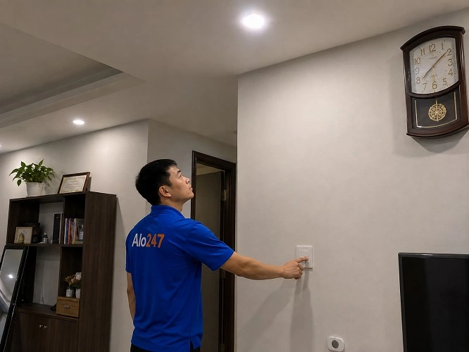 Thợ Alo247 kiểm tra hoạt động sau khi thay bóng đèn