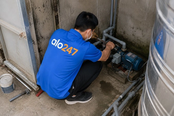 Thợ alo247 đang kiểm tra thiết bị điện nước trước khi tiến hành sửa chữa