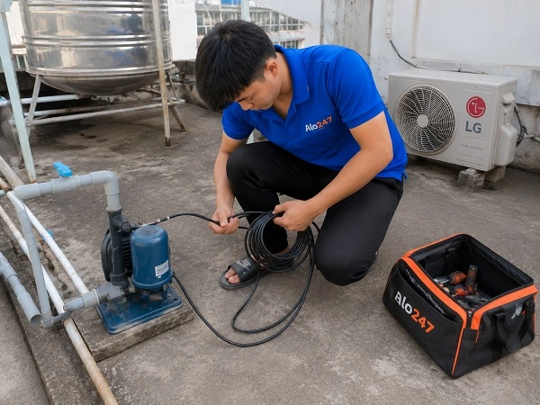 Thợ alo247 đang kiểm tra thiết bị trước khi tiến hành sửa chữa
