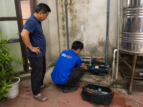 Thợ alo247 đang kiểm tra thiết bị và trao đổi phương án khắc phục