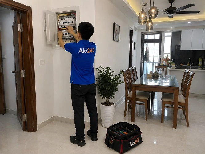 Thợ alo247 đang kiểm tra và sửa chữa aptomat bị nhảy liên tục