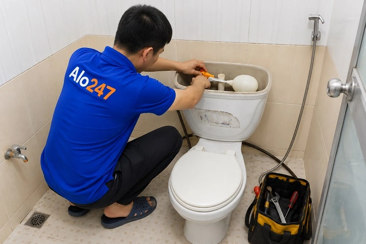 Thợ alo247 đang kiểm tra và thay phao bồn cầu