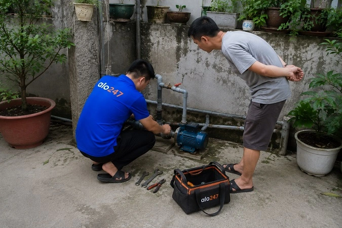 Thợ alo247 đang kiểm tra và tư vấn phương án khắc phục trước khi sửa chữa