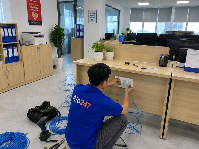 Thợ alo247 đang lắp đặt hệ thống điện tại Lĩnh Nam