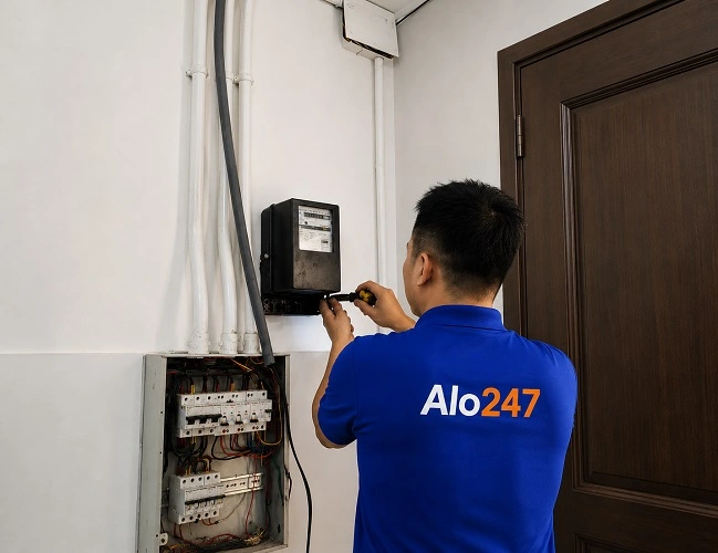 Thợ alo247 đang lắp đồng hồ điện tại Giảng Võ