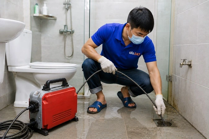 Thợ alo247 đang sử dụng máy lò xo để thông tắc cống sàn nhà vệ sinh tại Bát Tràng