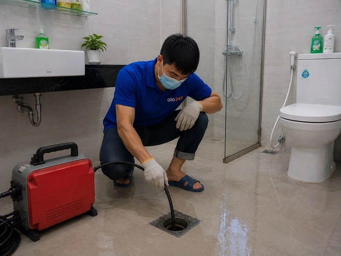 Thợ alo247 đang sử dụng máy lò xo để thông tắc cống sàn nhà vệ sinh tại Kiến Hưng