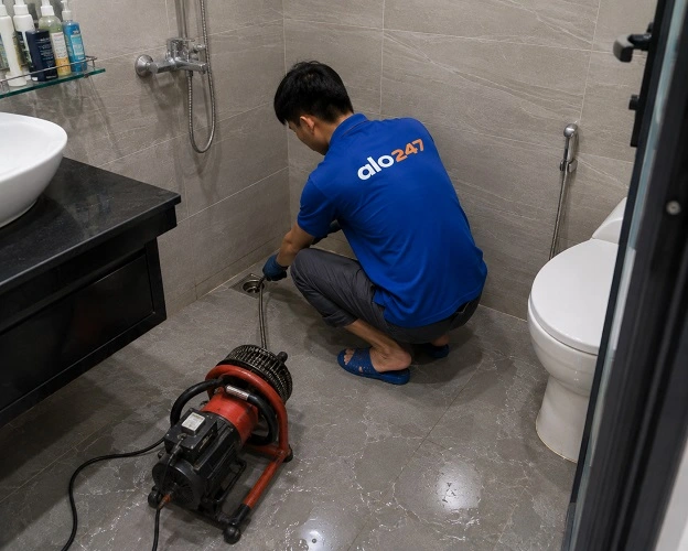 Thợ alo247 đang sử dụng máy lò xo để thông tắc cống sàn nhà vệ sinh tại Mê Linh
