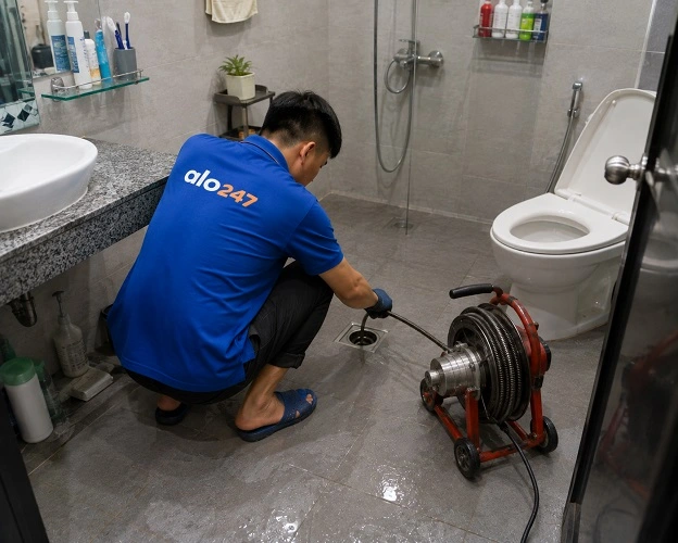 Thợ alo247 đang sử dụng máy lò xo để thông tắc cống sàn nhà vệ sinh tại Nội Bài