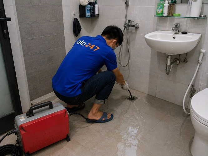 Thợ alo247 đang sử dụng máy lò xo để thông tắc cống sàn nhà vệ sinh tại Phú Lương