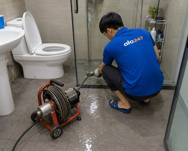 Thợ alo247 đang sử dụng máy lò xo để thông tắc cống sàn nhà vệ sinh tại Quang Minh