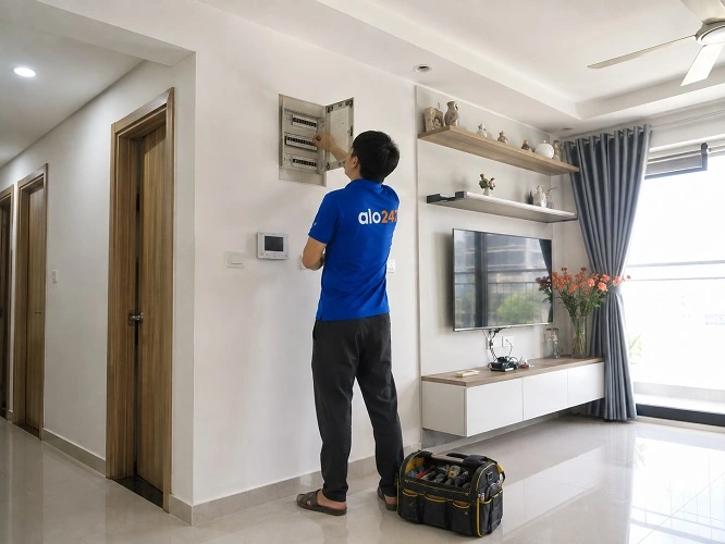 Thợ alo247 đang sửa aptomat bị nhảy liên tục tại Bát Tràng