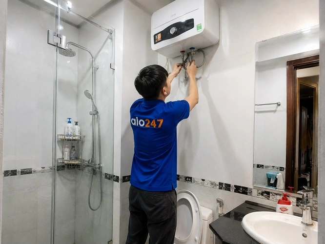Thợ alo247 đang sửa bình nóng lạnh tại Sóc Sơn