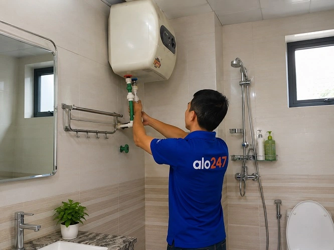 Thợ alo247 đang sửa bình nóng lạnh tại nhà