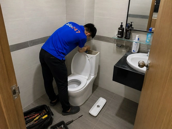 Thợ alo247 đang sửa bồn cầu bị hỏng phao tự động
