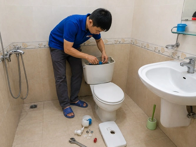 Thợ alo247 đang sửa bồn cầu bị hỏng phao
