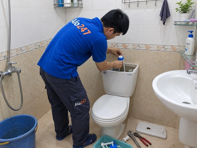 Thợ alo247 đang sửa bồn cầu bị rò rỉ nước