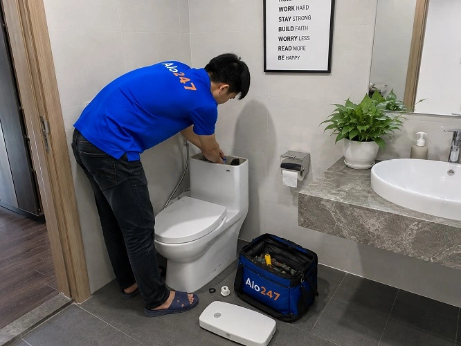 Thợ alo247 đang sửa bồn cầu tại  Phúc Lợi
