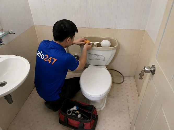 Thợ alo247 đang sửa bồn cầu tại Vĩnh Hưng