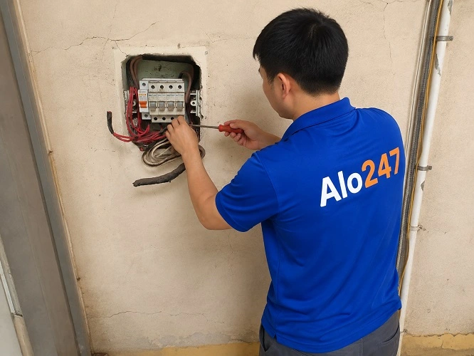 Thợ alo247 đang sửa điện bị chập cháy tại Bạch Mai