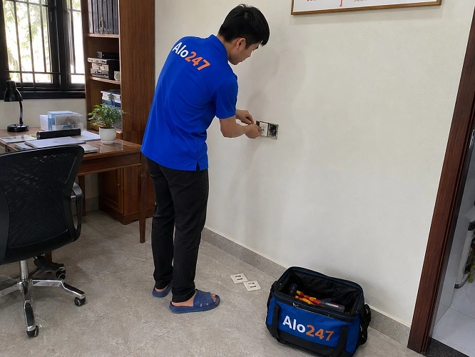 Thợ alo247 đang sửa điện bị chập cháy tại Đông Anh