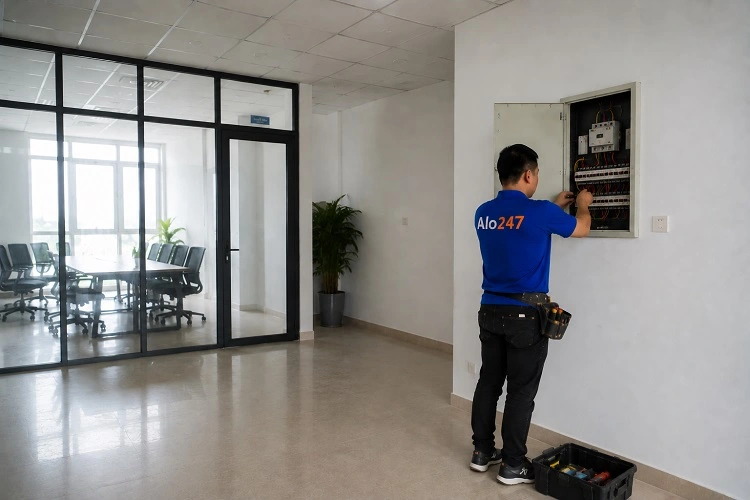 Thợ alo247 đang sửa điện bị chập cháy tại Hồng Hà