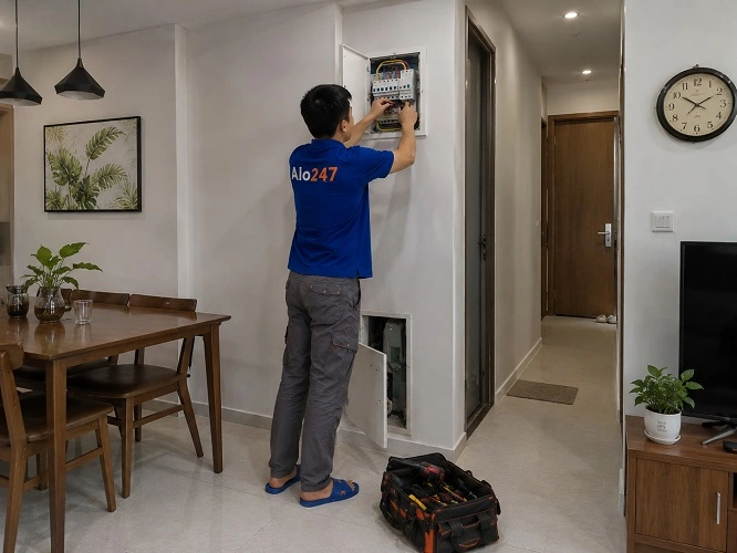 Thợ alo247 đang sửa điện bị chập cháy tại Kim Liên
