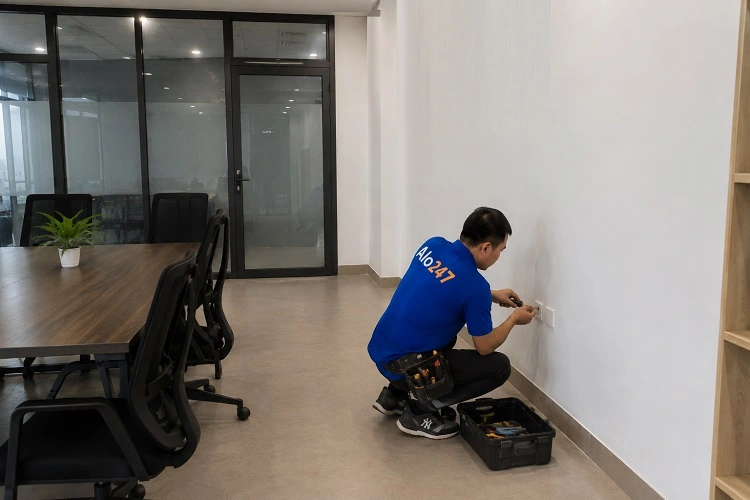 Thợ alo247 đang sửa điện bị chập cháy tại Ô chợ Dừa