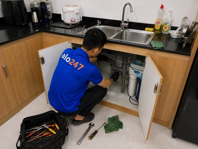 Thợ alo247 đang sửa đường nước bồn rửa bát tại Yên Nghĩa