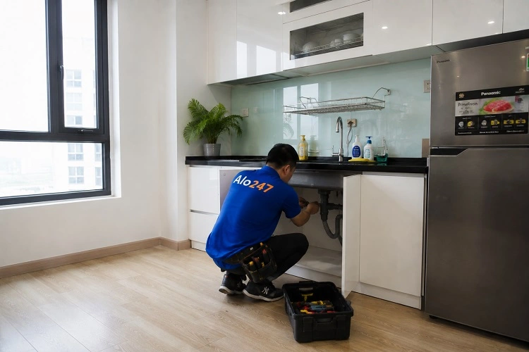Thợ alo247 đang sửa đường ống nước bị rò rỉ tại Lĩnh Nam