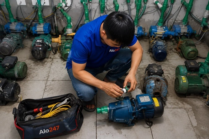 Thợ alo247 đang sửa máy bơm nước tại Bạch Mai