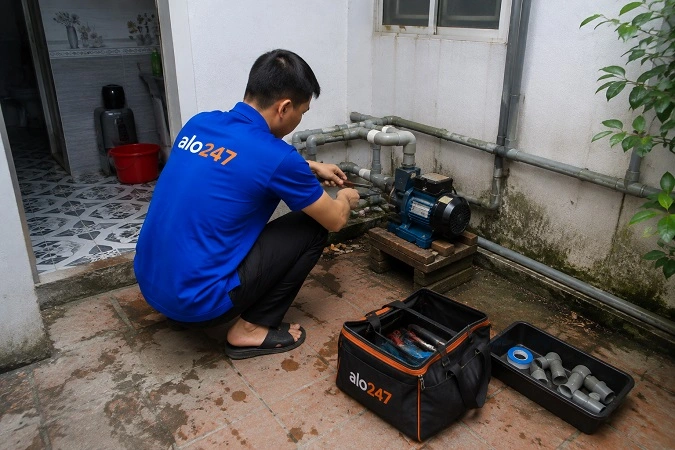 Thợ alo247 đang sửa máy bơm nước tại Bồ Đề